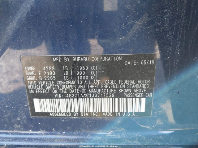 44615135 :رقم المزاد ، 4S3GTAA61J3747539 vin ، 2018 Subaru Impreza 2.0i مزاد بيع