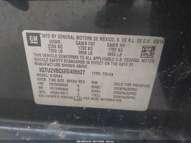 44615138 :رقم المزاد ، 3GTU2VEC6EG405827 vin ، 2014 Gmc Sierra 1500 Slt مزاد بيع