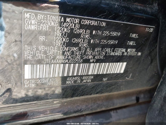 44615146 :رقم المزاد ، JTEAAAAH6MJ022558 vin ، 2021 Toyota Venza Xle مزاد بيع