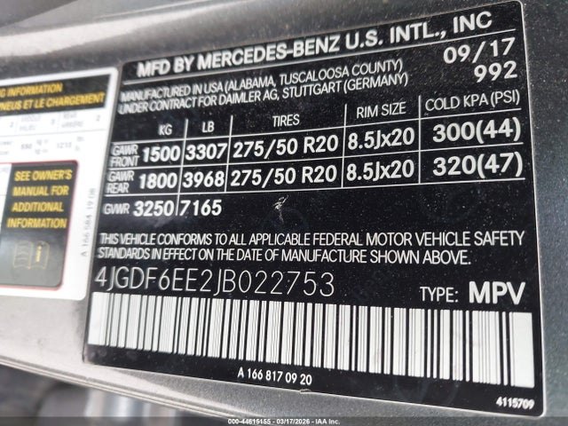 Продаж на аукціоні авто 2018 Mercedes-benz Gls 450 4matic, vin: 4JGDF6EE2JB022753, номер лоту: 44615155