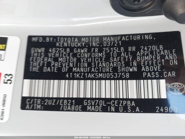 44615236 :رقم المزاد ، 4T1KZ1AK5MU053758 vin ، 2021 Toyota Camry Trd مزاد بيع