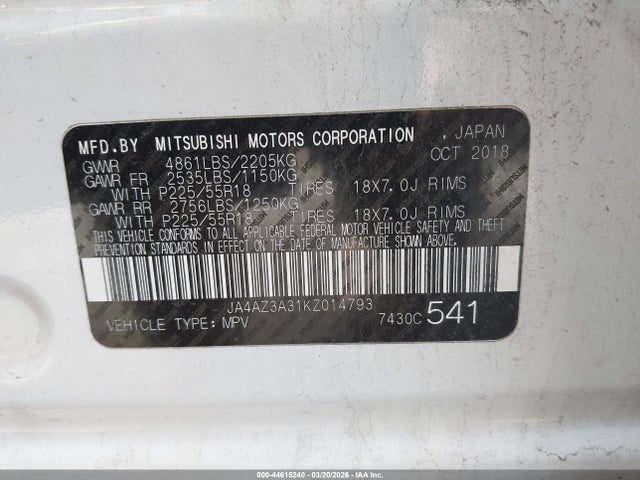 Aukcja sprzedaży 2019 Mitsubishi Outlander Se, vin: JA4AZ3A31KZ014793, numer aukcji: 44615240