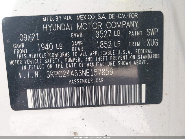 Продажа на аукционе авто 2022 Hyundai Accent Se, vin: 3KPC24A63NE157859, номер лота: 44615248