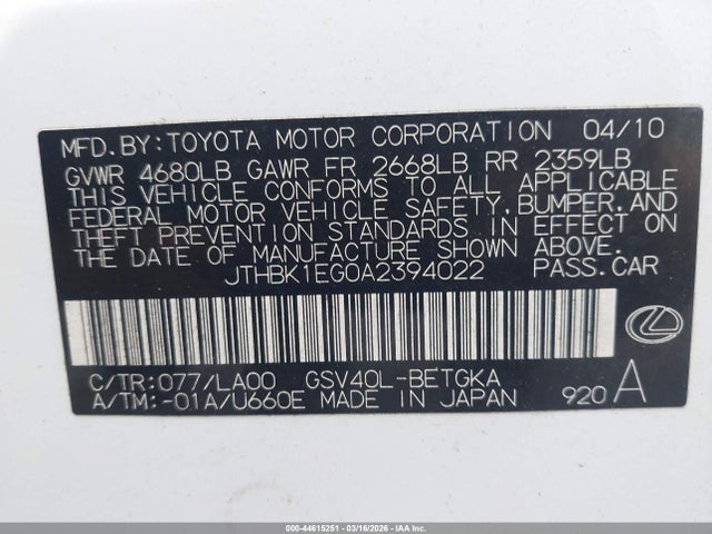 Aukcja sprzedaży 2010 Lexus Es 350, vin: JTHBK1EG0A2394022, numer aukcji: 44615251