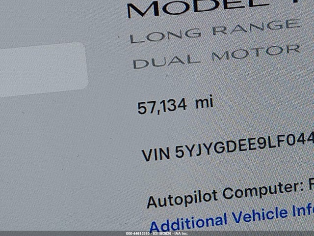 2020 Tesla Model Y Long Range Dual Motor All-wheel Drive მანქანა იყიდება აუქციონზე, vin: 5YJYGDEE9LF044708, აუქციონის ნომერი: 44615260