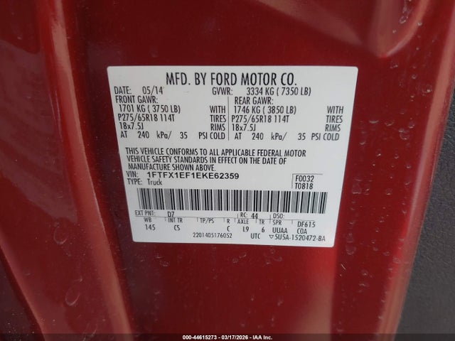 2014 Ford F-150 Stx მანქანა იყიდება აუქციონზე, vin: 1FTFX1EF1EKE62359, აუქციონის ნომერი: 44615273