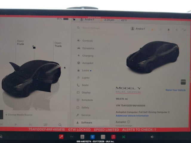 44615274 :رقم المزاد ، 7SAYGDEF4NF465816 vin ، 2022 Tesla Model Y Performance Dual Motor All-wheel Drive مزاد بيع