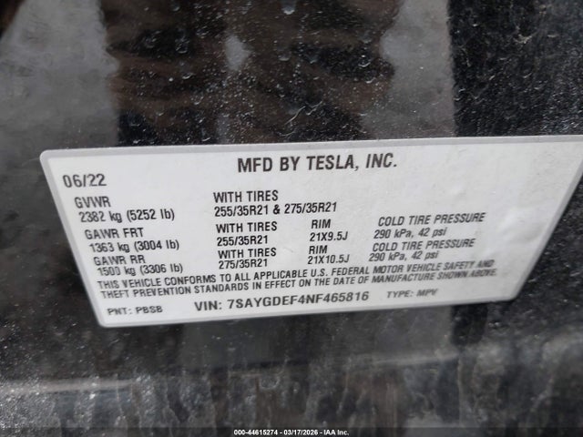 44615274 :رقم المزاد ، 7SAYGDEF4NF465816 vin ، 2022 Tesla Model Y Performance Dual Motor All-wheel Drive مزاد بيع