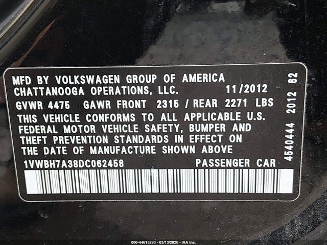 2013 Volkswagen Passat 2.5l Se მანქანა იყიდება აუქციონზე, vin: 1VWBH7A38DC062458, აუქციონის ნომერი: 44615293