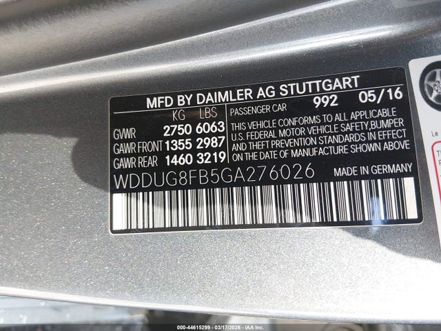 44615299 :رقم المزاد ، WDDUG8FB5GA276026 vin ، 2016 Mercedes-benz S 550 4matic مزاد بيع