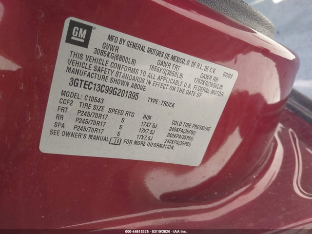 44615326 :رقم المزاد ، 3GTEC13C99G201395 vin ، 2009 Gmc Sierra 1500 Sl مزاد بيع