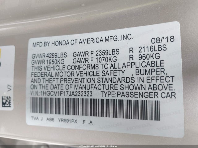 44615360 :رقم المزاد ، 1HGCV1F17JA232323 vin ، 2018 Honda Accord Lx مزاد بيع