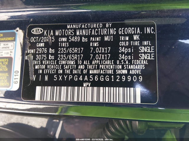 Продажа на аукционе авто 2016 Kia Sorento 3.3l Lx, vin: 5XYPG4A56GG129909, номер лота: 44615395