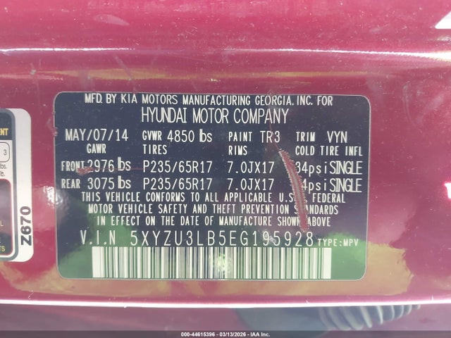 44615396 :رقم المزاد ، 5XYZU3LB5EG195928 vin ، 2014 Hyundai Santa Fe Sport 2.4l مزاد بيع