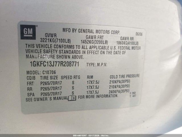2007 Gmc Yukon Slt მანქანა იყიდება აუქციონზე, vin: 1GKFC13J77R208771, აუქციონის ნომერი: 44615397