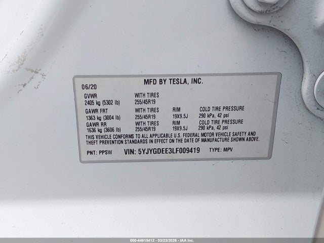 Auction sale of the 2020 Tesla Model Y Long Range Dual Motor All-wheel Drive, vin: 5YJYGDEE3LF009419, lot number: 44615412