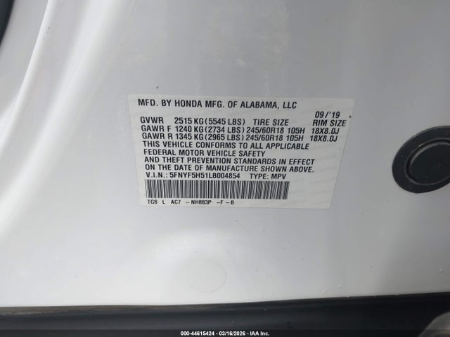 Aukcja sprzedaży 2020 Honda Pilot 2wd Ex-l, vin: 5FNYF5H51LB004854, numer aukcji: 44615424