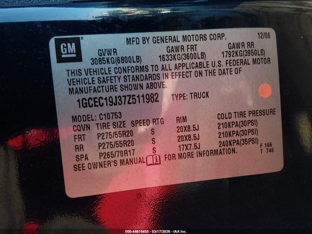 2007 Chevrolet Silverado 1500 Lt2 მანქანა იყიდება აუქციონზე, vin: 1GCEC19J37Z511982, აუქციონის ნომერი: 44615455