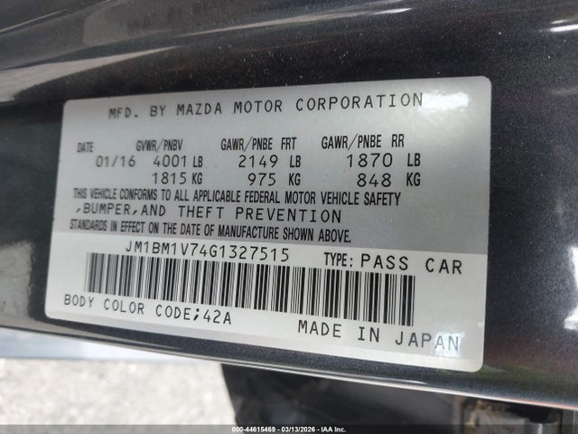 44615469 :رقم المزاد ، JM1BM1V74G1327515 vin ، 2016 Mazda Mazda3 I Touring مزاد بيع