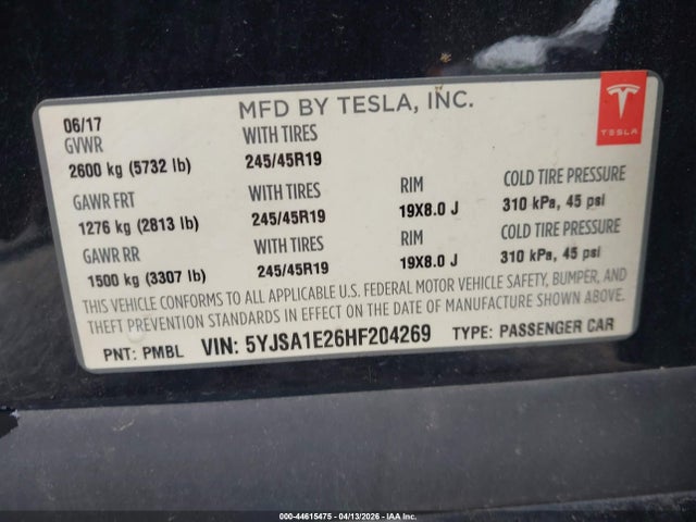 Продаж на аукціоні авто 2017 Tesla Model S 100d/60d/75d/90d/p100d, vin: 5YJSA1E26HF204269, номер лоту: 44615475
