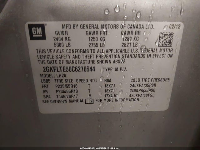Продаж на аукціоні авто 2012 Gmc Terrain Sle-2, vin: 2GKFLTE50C6270644, номер лоту: 44615501