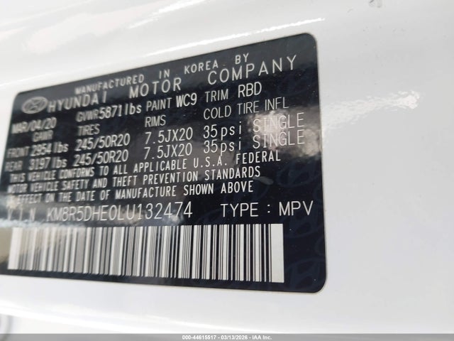 Продажа на аукционе авто 2020 Hyundai Palisade Limited, vin: KM8R5DHE0LU132474, номер лота: 44615517