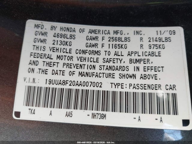 2010 Acura Tl 3.5 მანქანა იყიდება აუქციონზე, vin: 19UUA8F20AA007002, აუქციონის ნომერი: 44615528