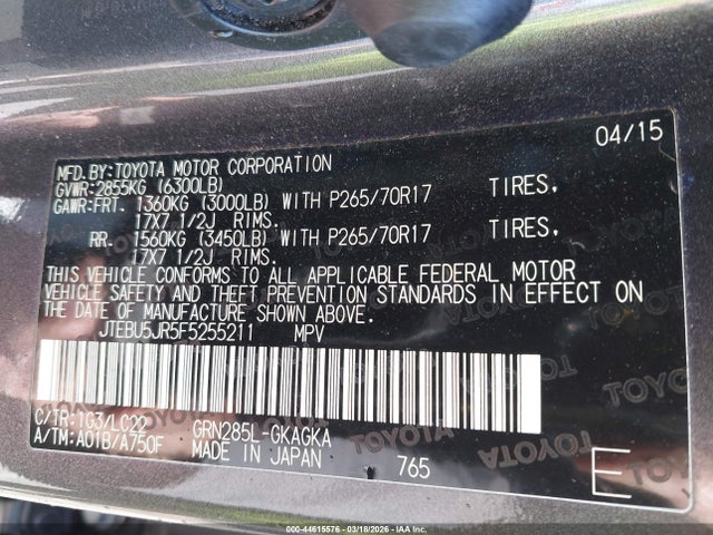2015 Toyota 4runner Trail Premium მანქანა იყიდება აუქციონზე, vin: JTEBU5JR5F5255211, აუქციონის ნომერი: 44615576