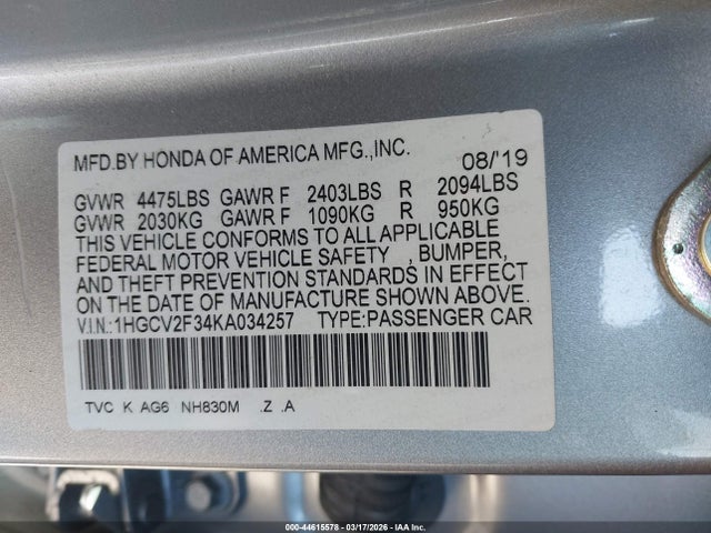 2019 Honda Accord Sport 2.0t მანქანა იყიდება აუქციონზე, vin: 1HGCV2F34KA034257, აუქციონის ნომერი: 44615578
