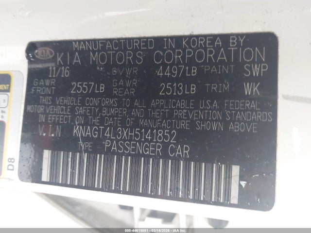 Продаж на аукціоні авто 2017 Kia Optima Lx, vin: KNAGT4L3XH5141852, номер лоту: 44615581