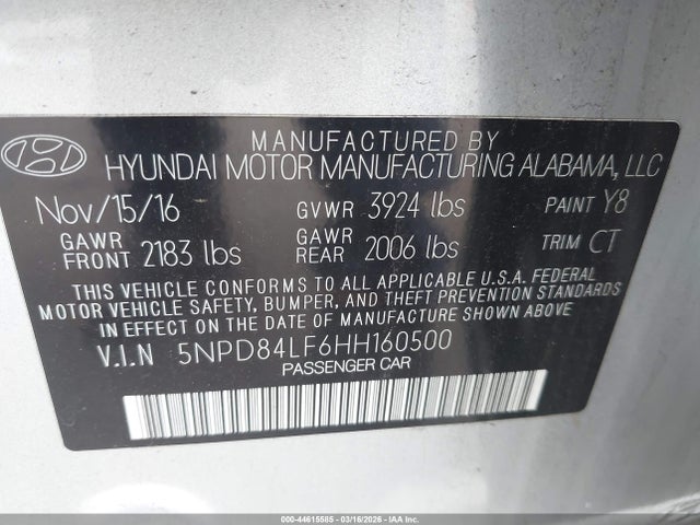 Продажа на аукционе авто 2017 Hyundai Elantra Value Edition, vin: 5NPD84LF6HH160500, номер лота: 44615585