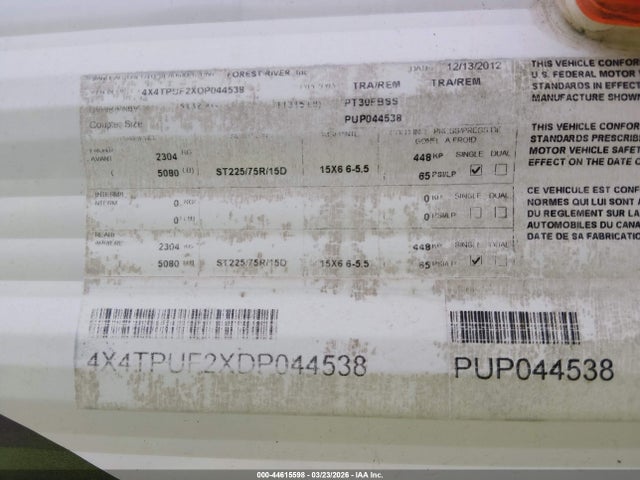 Продаж на аукціоні авто 2013 Palomino Puma, vin: 4X4TPUF2XDP044538, номер лоту: 44615598