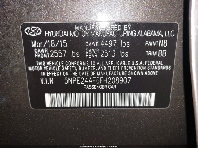 44615602 :رقم المزاد ، 5NPE24AF6FH208907 vin ، 2015 Hyundai Sonata Se مزاد بيع