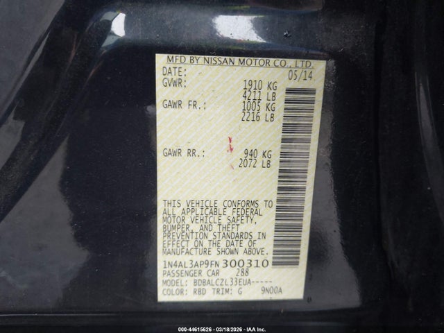 1N4AL3AP9FN300310 Nissan Altima 2.5/2.5 S/2.5 Sl/2.5 Sv