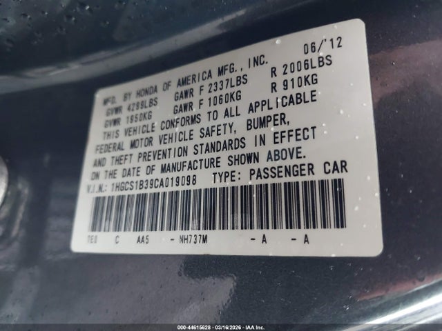 Aukcja sprzedaży 2012 Honda Accord 2.4 Lx-s, vin: 1HGCS1B39CA019098, numer aukcji: 44615628