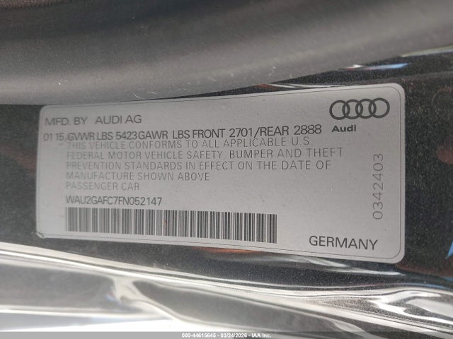 Aukcja sprzedaży 2015 Audi A7 3.0t Premium Plus, vin: WAU2GAFC7FN052147, numer aukcji: 44615645