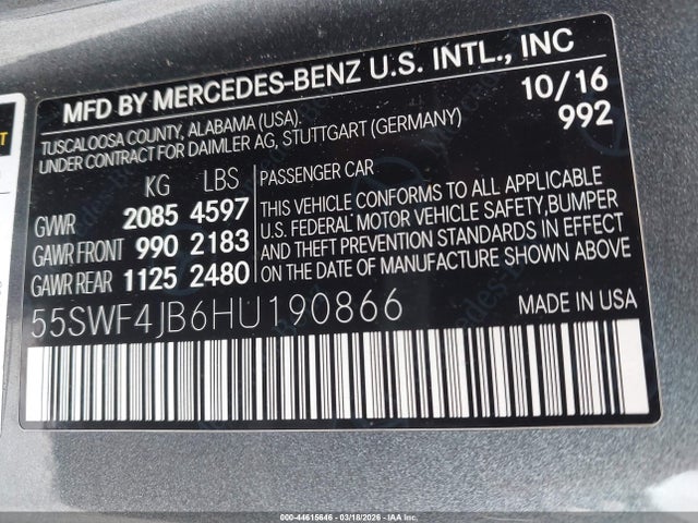 Продажа на аукционе авто 2017 Mercedes-benz C 300, vin: 55SWF4JB6HU190866, номер лота: 44615646