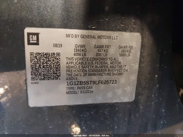 2020 Chevrolet Malibu Fwd Ls მანქანა იყიდება აუქციონზე, vin: 1G1ZB5ST9LF025723, აუქციონის ნომერი: 44615647