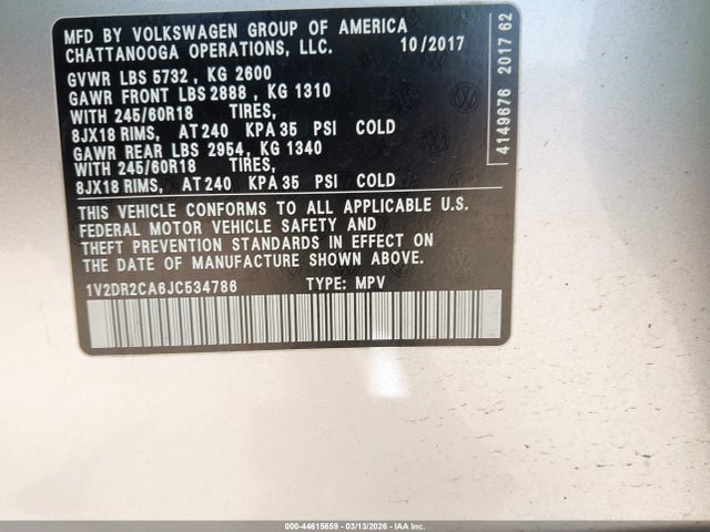 Aukcja sprzedaży 2018 Volkswagen Atlas 3.6l V6 Se/3.6l V6 Se W/technology, vin: 1V2DR2CA6JC534786, numer aukcji: 44615659