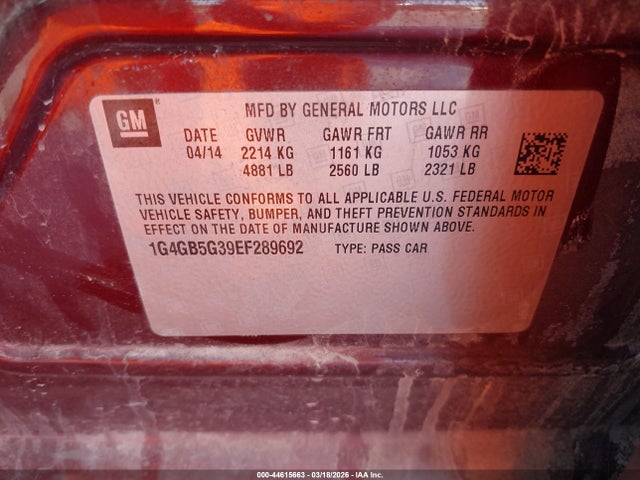 2014 Buick Lacrosse Leather Group მანქანა იყიდება აუქციონზე, vin: 1G4GB5G39EF289692, აუქციონის ნომერი: 44615663