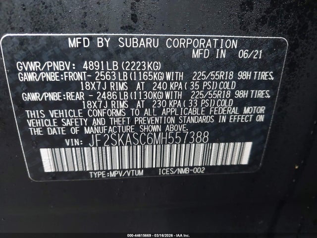 2021 Subaru Forester Limited მანქანა იყიდება აუქციონზე, vin: JF2SKASC6MH557388, აუქციონის ნომერი: 44615669
