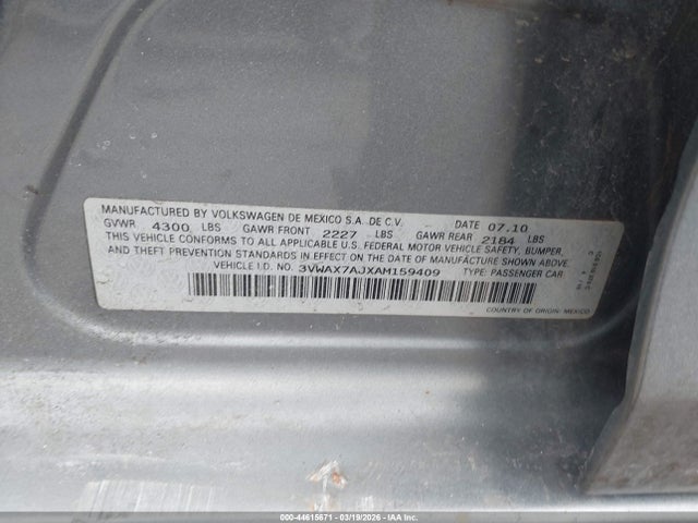 Продаж на аукціоні авто 2010 Volkswagen Jetta Limited Edition, vin: 3VWAX7AJXAM159409, номер лоту: 44615671