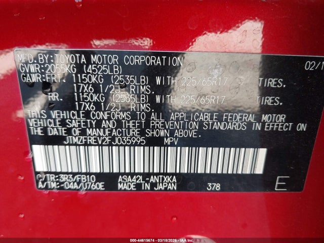 44615674 :رقم المزاد ، JTMZFREV2FJ035995 vin ، 2015 Toyota Rav4 Le مزاد بيع