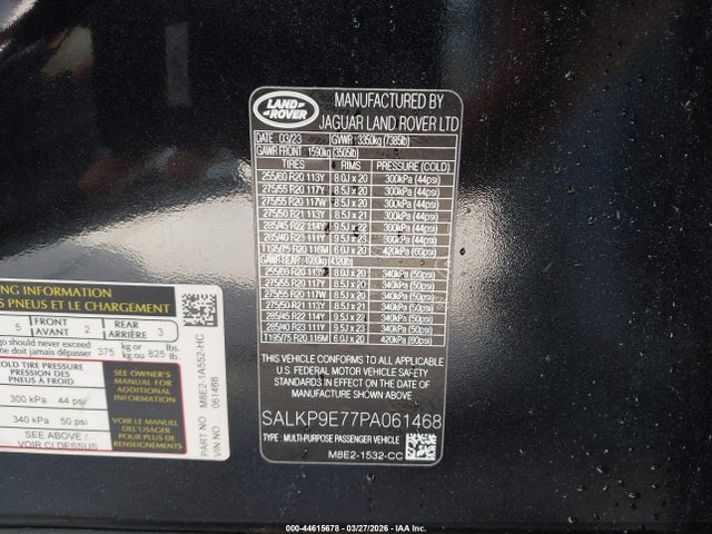 44615678 :رقم المزاد ، SALKP9E77PA061468 vin ، 2023 Land Rover Range Rover P530 Se مزاد بيع