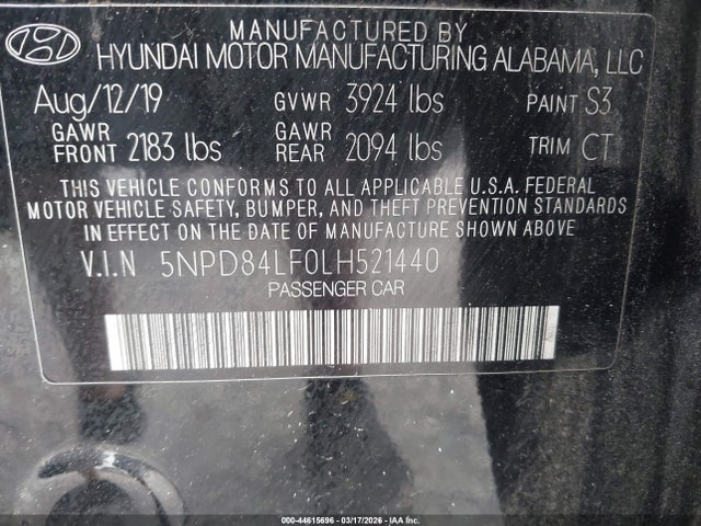 Aukcja sprzedaży 2020 Hyundai Elantra Limited, vin: 5NPD84LF0LH521440, numer aukcji: 44615696