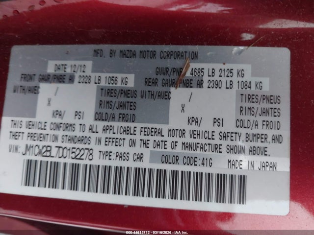 44615712 :رقم المزاد ، JM1CW2BL7D0152278 vin ، 2013 Mazda Mazda5 Sport مزاد بيع