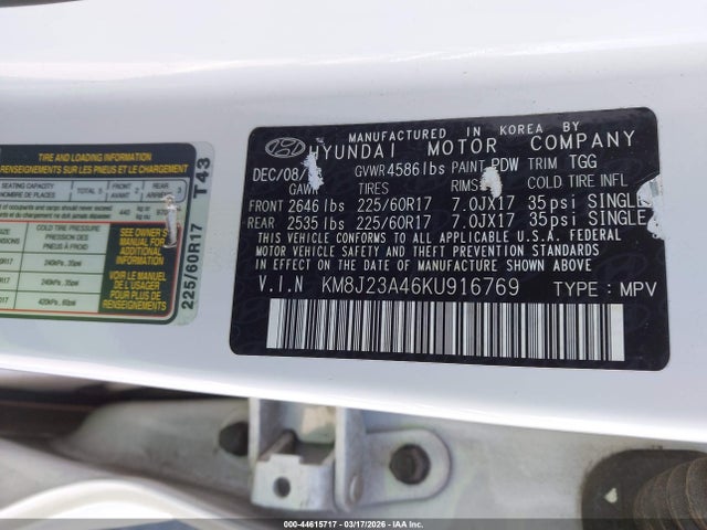 44615717 :رقم المزاد ، KM8J23A46KU916769 vin ، 2019 Hyundai Tucson Se مزاد بيع