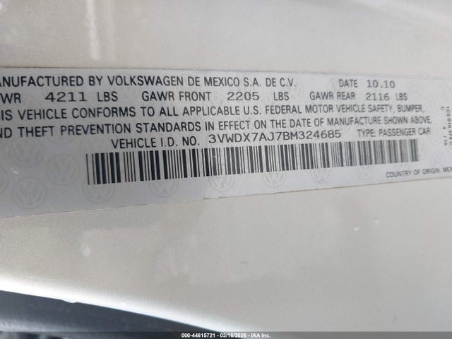 Продаж на аукціоні авто 2011 Volkswagen Jetta 2.5l Se, vin: 3VWDX7AJ7BM324685, номер лоту: 44615721