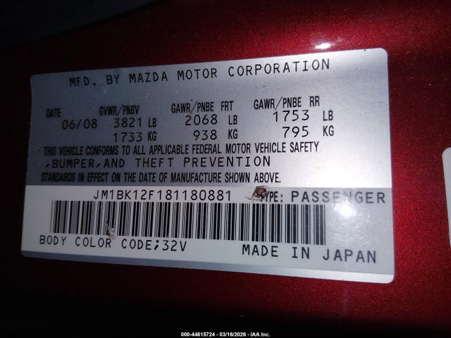 44615724 :رقم المزاد ، JM1BK12F181180881 vin ، 2008 Mazda Mazda3 I Sport مزاد بيع