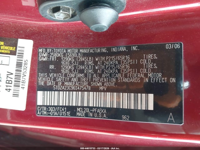 Продажа на аукционе авто 2006 Toyota Sienna Le, vin: 5TDZA23C96S475478, номер лота: 44615733